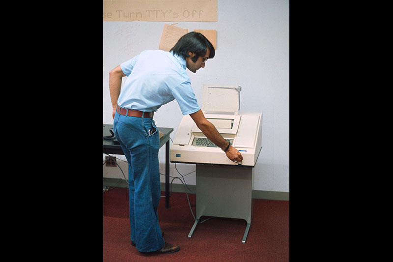 Alfred Spector ’76 (shown here with a Teletype) was a teaching fellow in NatSci 110. He went on to become vice president of strategy and technology for IBM’s Software Group and is now a vice president of research for Google. --Courtesy of Henry Leitner.