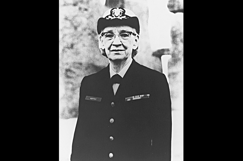 Grace Hopper in naval uniform, ca. 1983, the year she was promoted from Navy Captain to Commodore (a position later renamed Rear Admiral). --Courtesy of the Harvard University Archives (UAV 362.7295.8p).