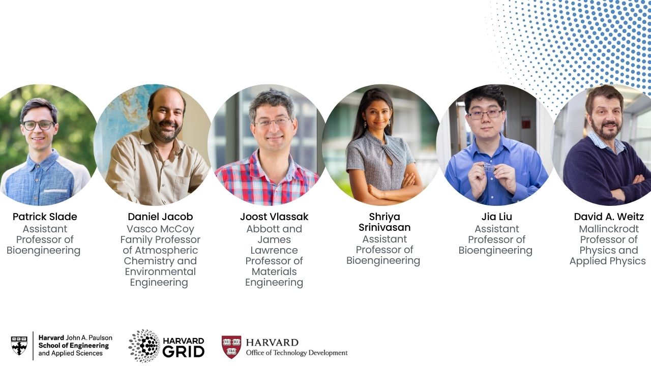 image of winners of the grid award. Images reads from left: Patrick Slade, Assistant Professor of Bioengineering, Daniel Jacob, Vasco McCoy Family Professor of Atmospheric Chemistry and Environmental Engineering, Joost Vlassak, Abbott and James Lawrence Professor of Materials Engineering, Shriya Srinivasan, Assistant Professor of Bioengineering, Jia Liu, Assistant Professor of Bioengineering, David A. Weitz, Mallinckrodt Professor of Physics and Applied Physics 