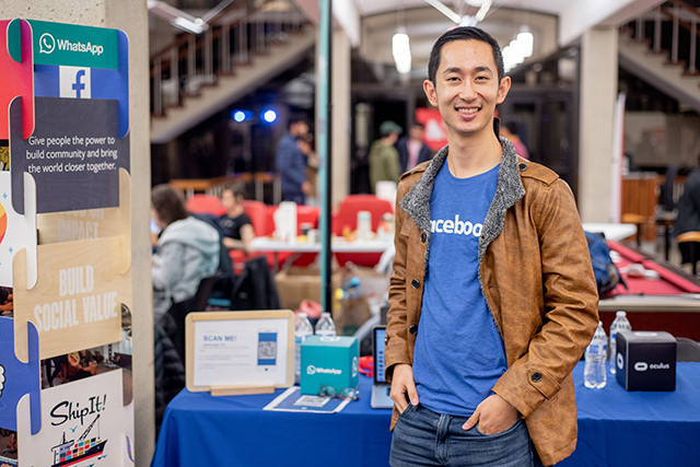 Alumnus Carl Gao, A.B. ‘15, a computer science concentrator, returned to campus for HackHarvard, now as a sponsor representing Facebook. (Photo by Oleksandr Babii) 