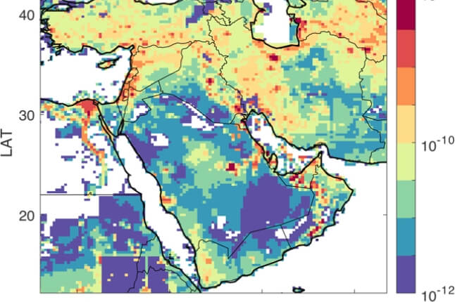 Satellite observations of atmospheric methane concentrations and emissions for the Middle East and parts of North Africa.