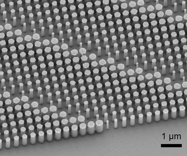 Scanning electron micrograph image of a portion of a fabricated metalens. (Credit: Harvard University/Massachusetts General Hospital)