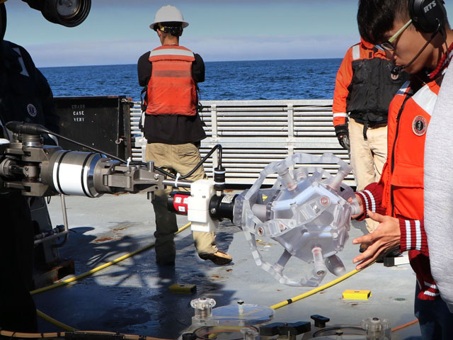 First author Zhi Ern Teoh tests the RAD sampler, mounted on the ROV Ventana, before its deployment into the Pacific Ocean at Monterey Canyon, California. (Credit: Wyss Institute at Harvard University)