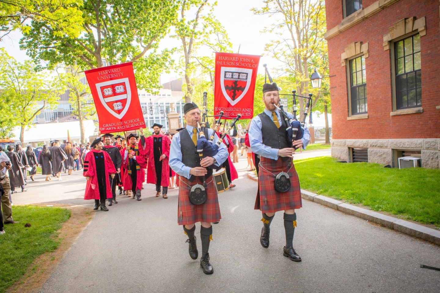 Bagpipers and procession in Harvard Yard