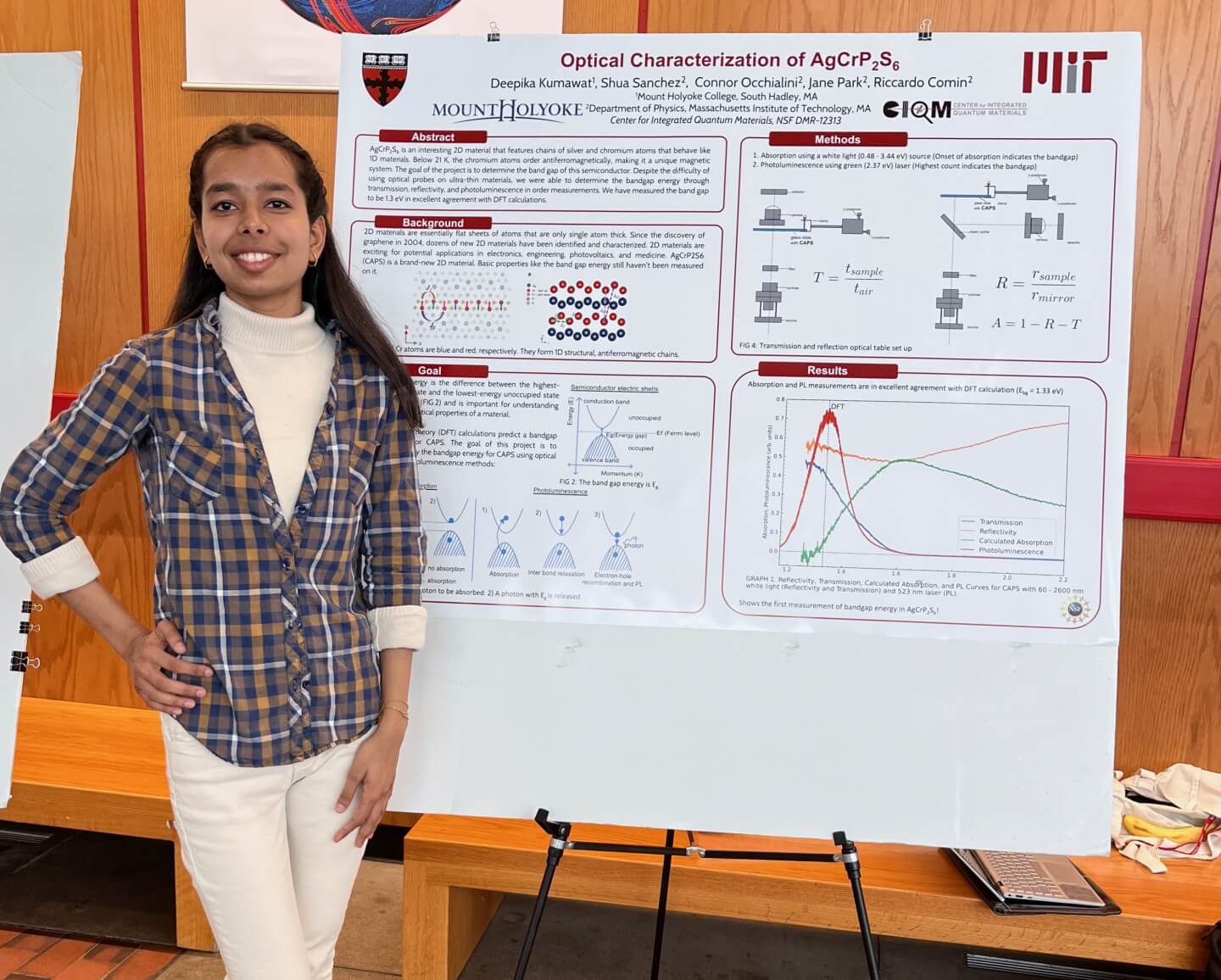 Deepika Kumawat, a rising senior physics major at Mount Holyoke College, with her REU research poster