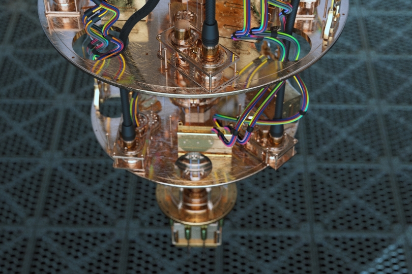 A close-up view of a quantum computer.