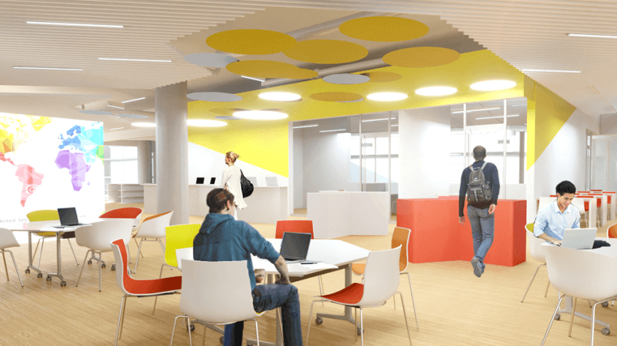 The SEC library will contain bookable private study rooms, a collaboration area, and a visualization wall.