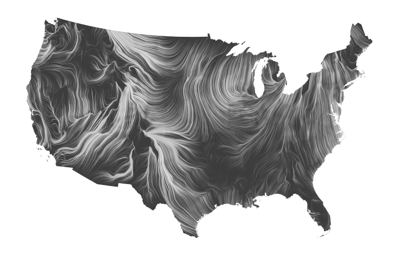 A map of the United States depicting wind currents in white against a dark gray background.
