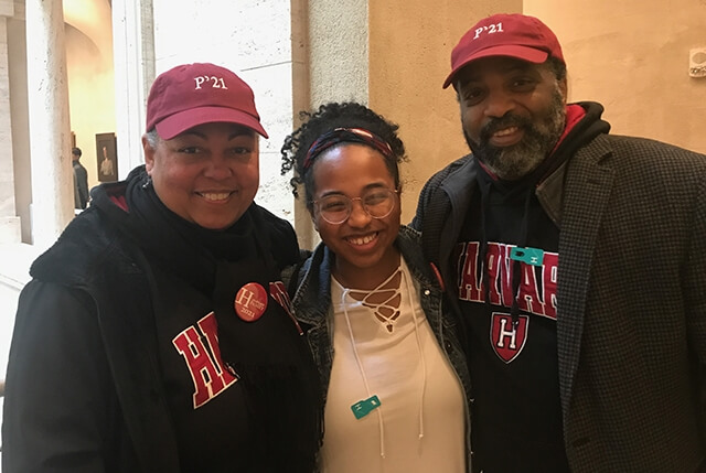 Davis and her parents, Olga Davis and Daryl Davis, during Harvard’s Junior Parents Weekend. 