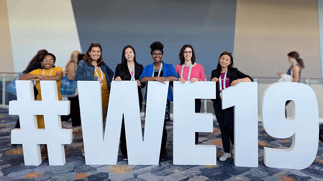 Davis (left) with classmates at the Society of Women Engineers Conference in Anaheim, Calif.