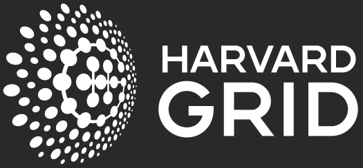 A series of white bubbles in a loose circle shape make up the Harvard Grid logo paired with white "Harvard Grid" text on the right. The logo is against a dark gray background.
