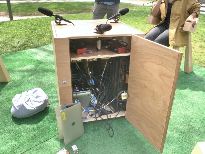 A look at the central microphone box, hardware and wiring enabling the soundscape of Musical Chairs