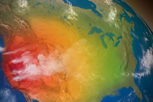 red, yellow and green map of the US with smoke drifting
